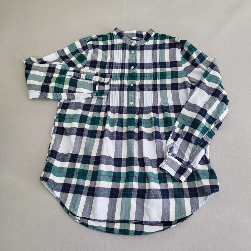 Lands' End Plaid Long Roll Up Tab Sleeve Pintucked Popover Shirt Women's Size 10